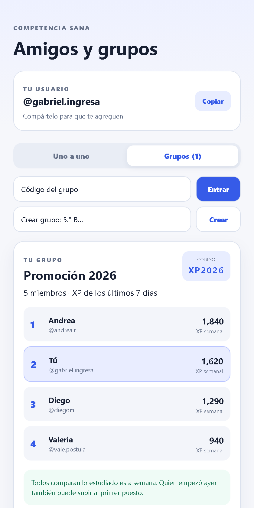Grupos y ranking semanal en Ingresa